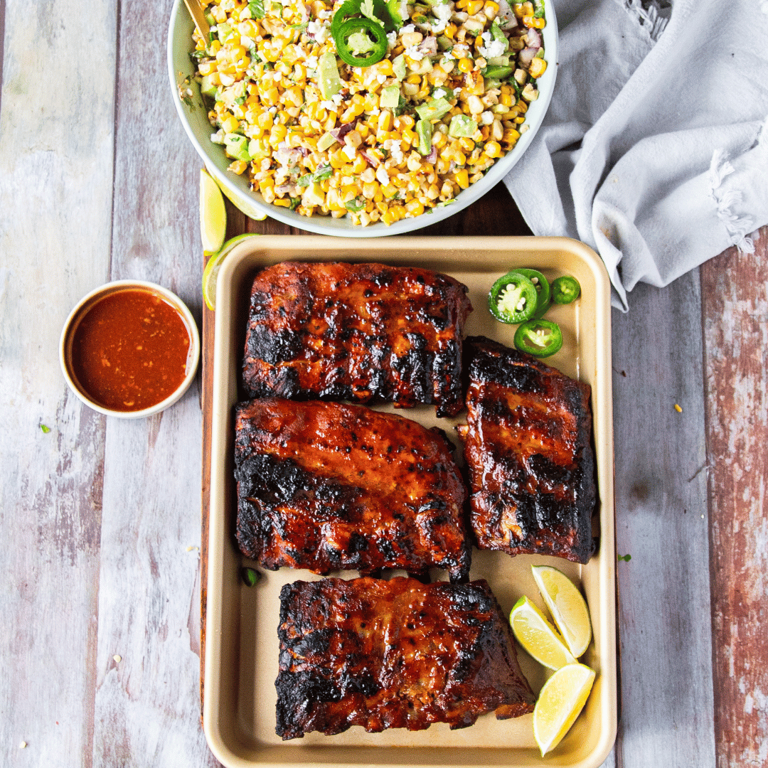 Grilled Back Ribs in BBQ Sauce with Mexican Street Corn Salad