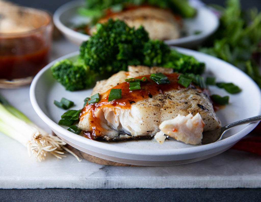 Black Cod Fillets with broccoli and scallions.