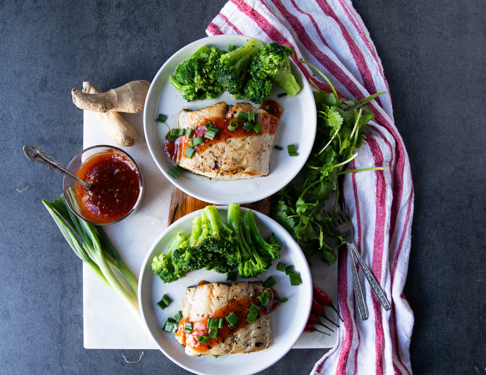 Top Down View of Sealand's Black Cod Plated with Broccoli