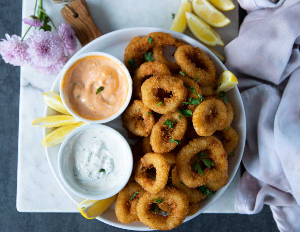 Top Down View of Sealand's Breaded Calamari Rings with Two Dips