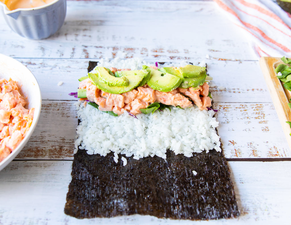 Open face sushi roll made with Sealand's Skinless Centre Cut Canadian Salmon.