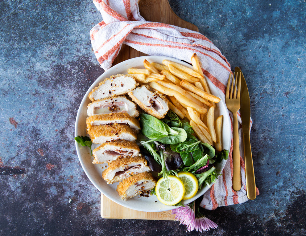 Sealand Quality Foods Chicken Cordon Bleu with Mixed Greens and Fries