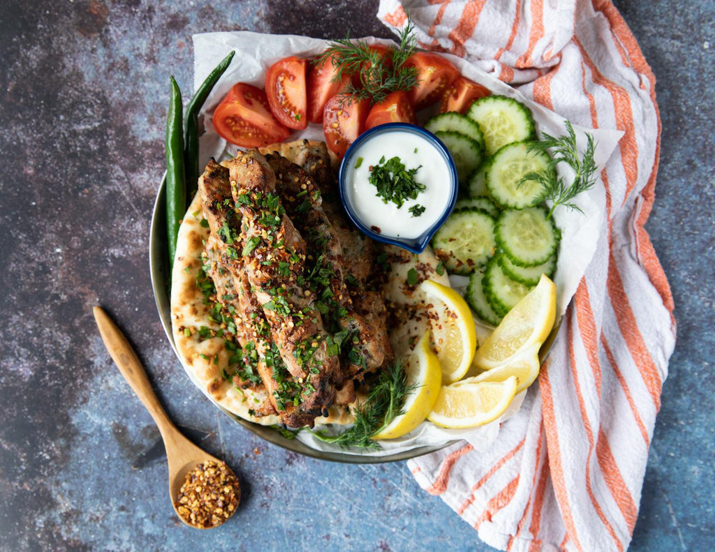 Mediterranean Platter with Sealand Fully Cooked Pork Souvlaki Skewers