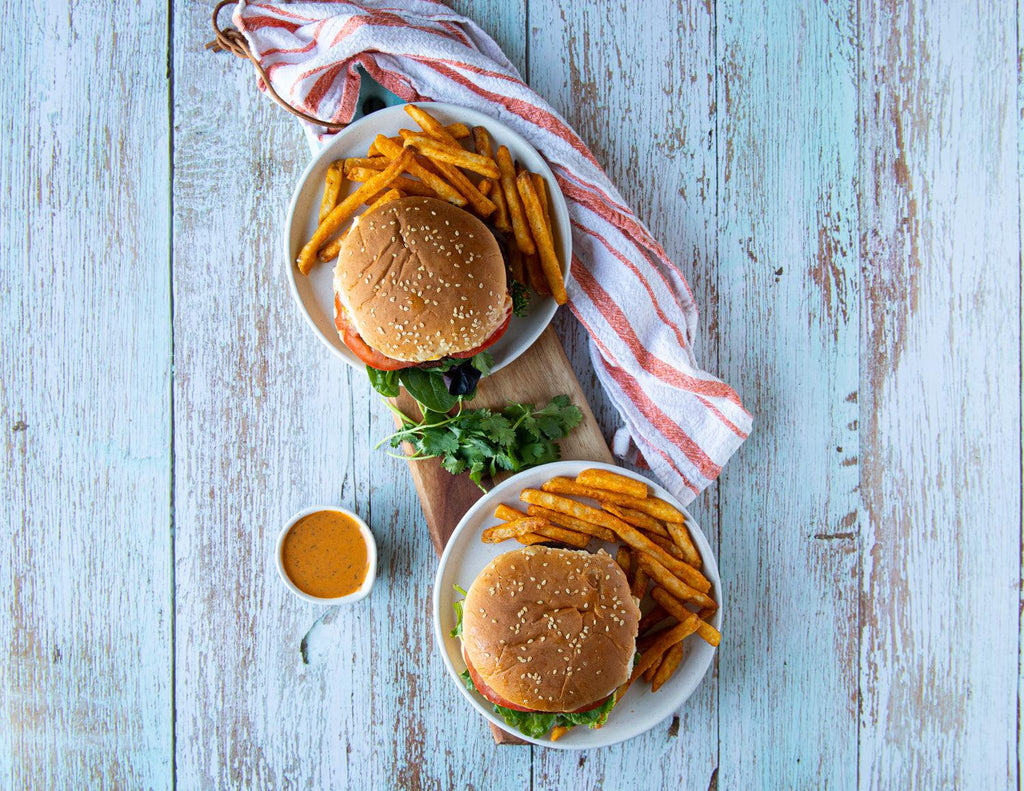 Sealand Quality Foods Gluten-Free Chipotle Black Bean Burgers with Fries and Dipping Sauce