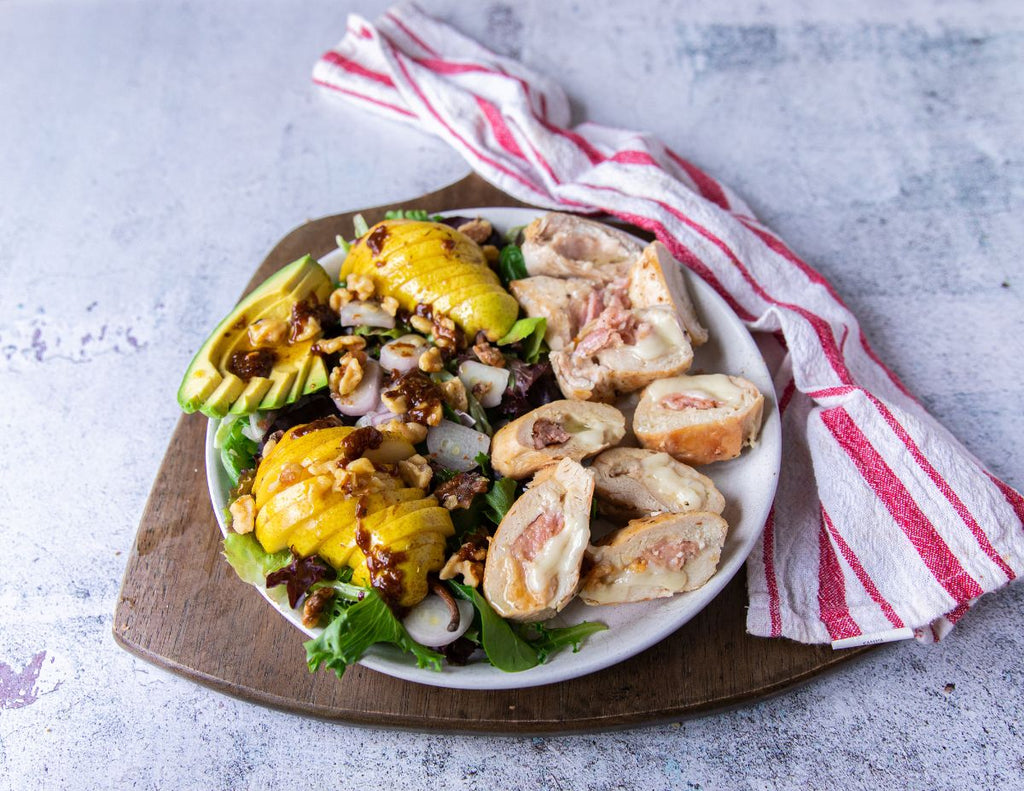 Sealand Quality Foods Gluten-Free Loaded Chicken Breast with Walnut Pear and Balsamic Salad on Board