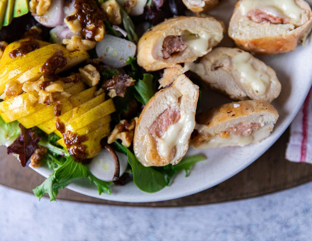 Sealand Quality Foods Cheesy Gluten-Free Loaded Chicken Breast with a Walnut and Pear Salad