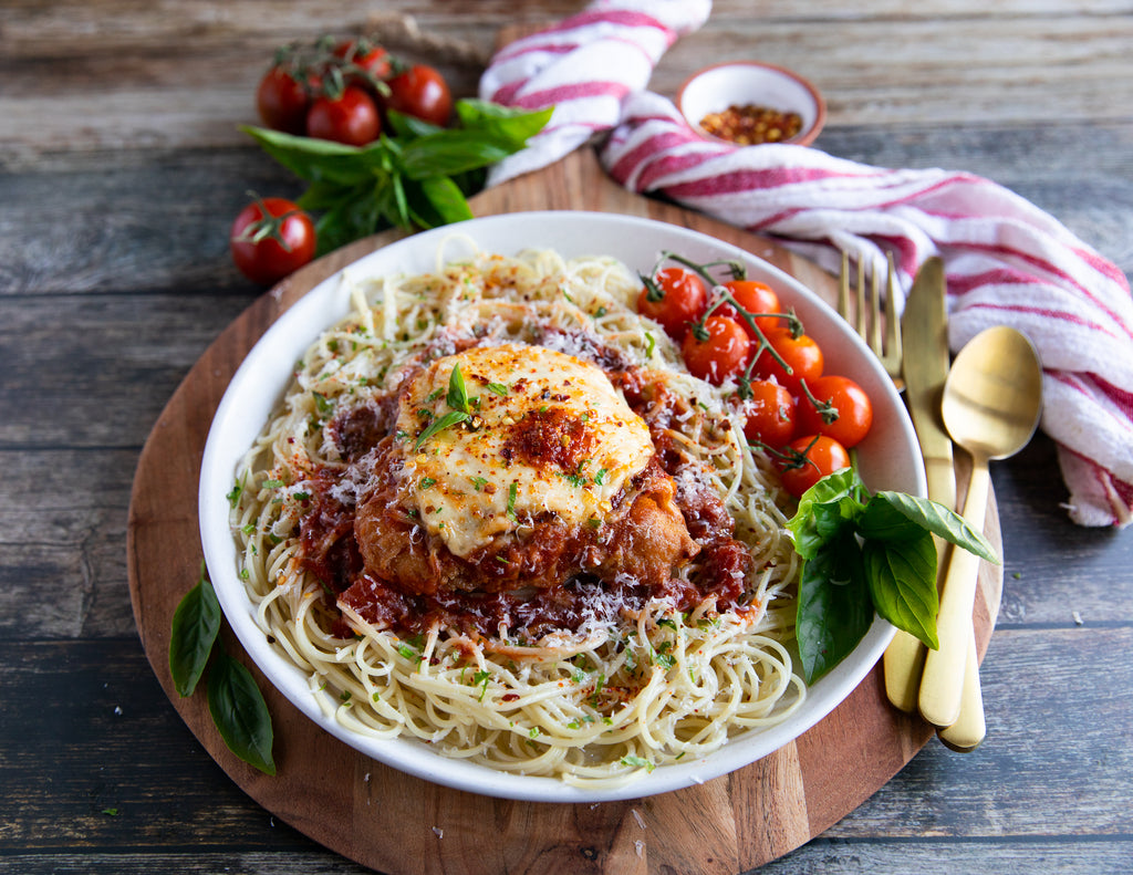 Sealand Quality Foods Gluten-Freen Chicken Parmesan on Bed of Spaghetti
