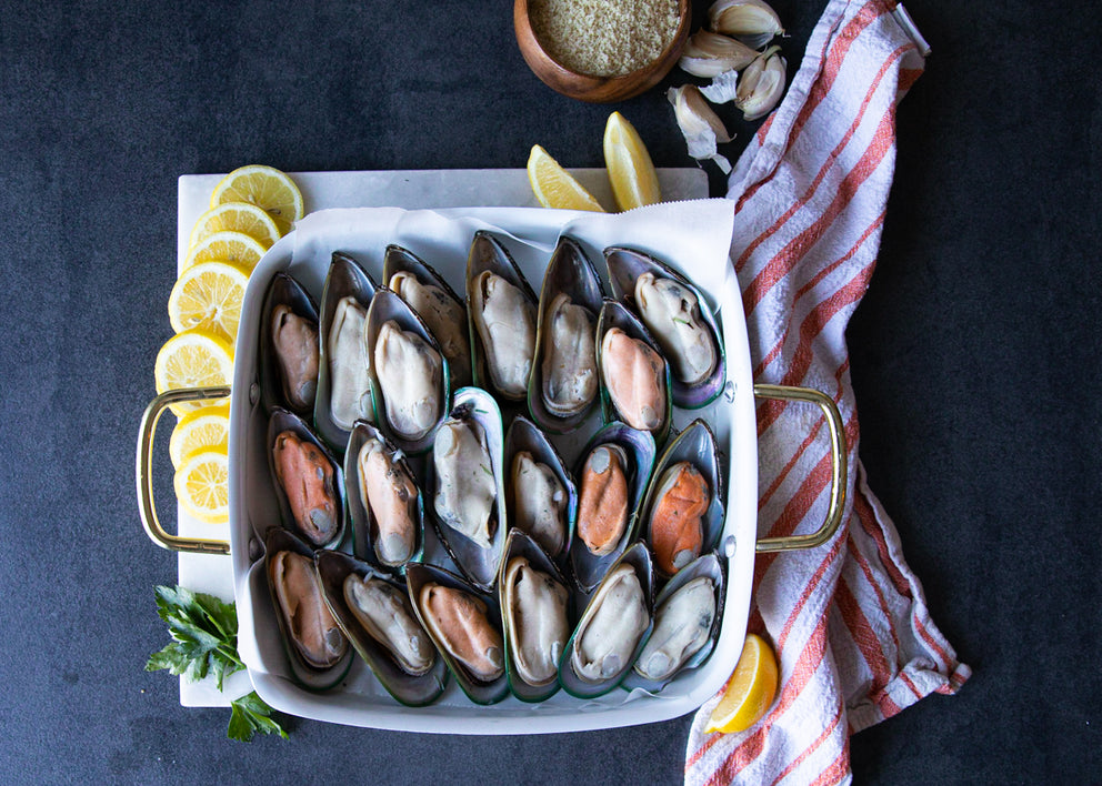 Baking Dish Filled with Sealand's Green Lipped Mussels