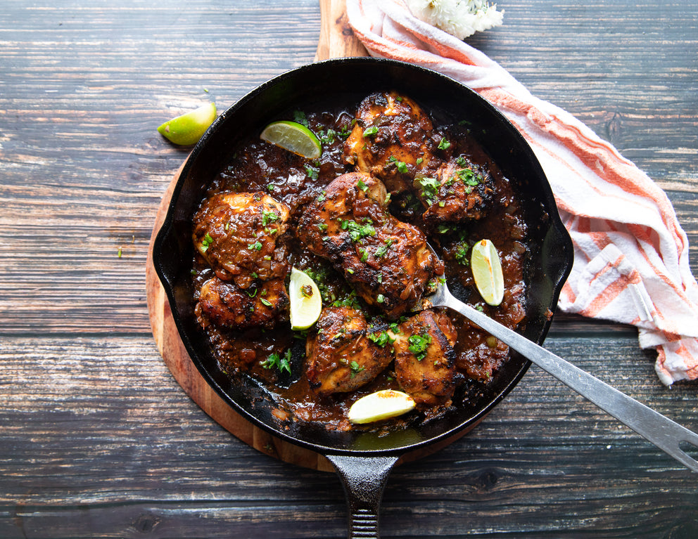 Sealand's Chicken Thighs Cooked with a Mexican Marinade in a Cast Iron Pan