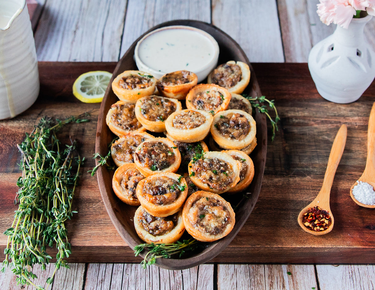 Wild Mushroom Tartlets & Buffalo Chicken Quesadilla Trumpets