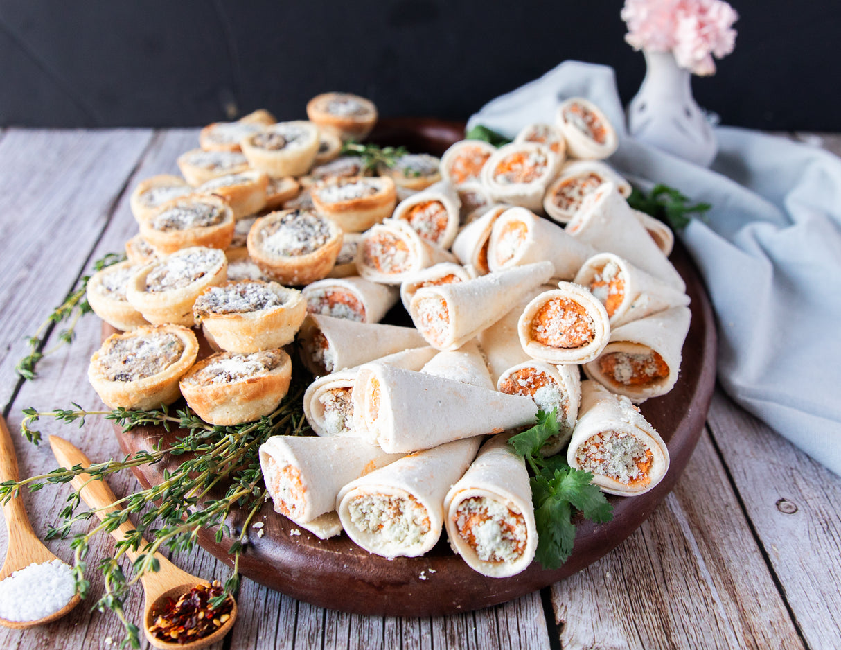 Wild Mushroom Tartlets & Buffalo Chicken Quesadilla Trumpets