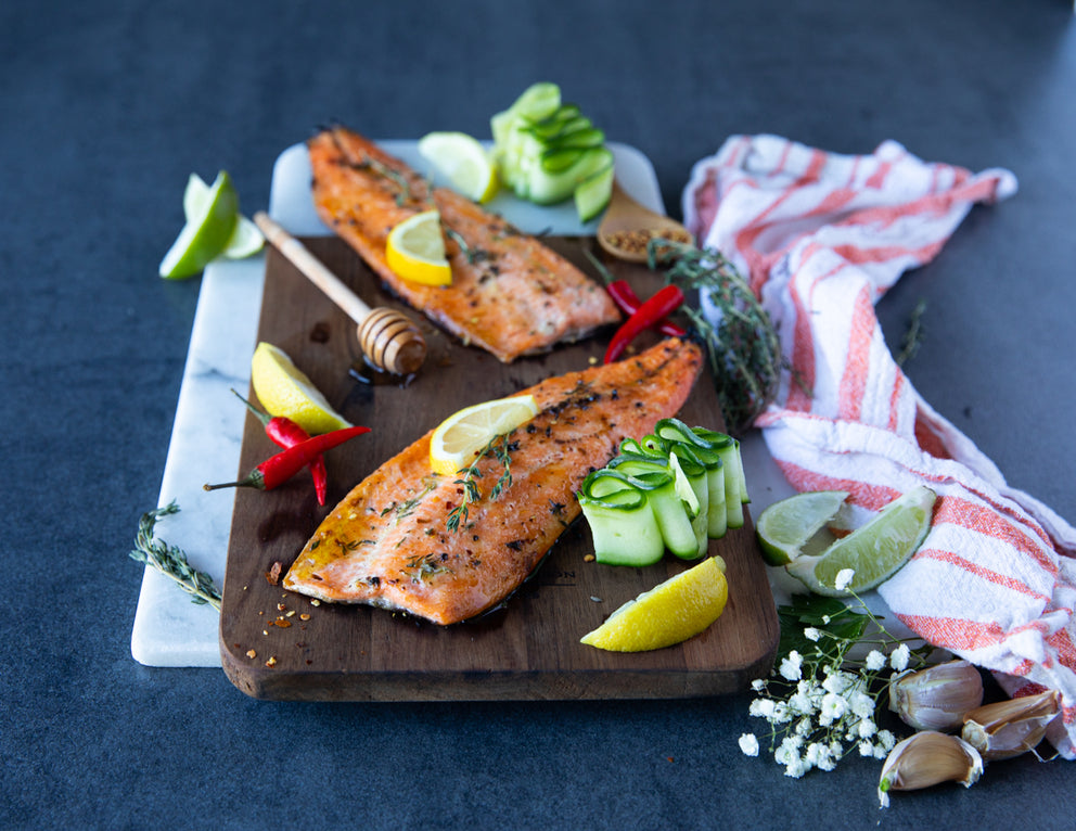 Sealand Rainbow Trout Fillets Cooked and Garnished with Lemon and Cucumber