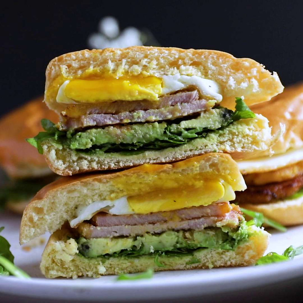 Sealand peameal bacon breakfast sandwiches with avocado and arugula  