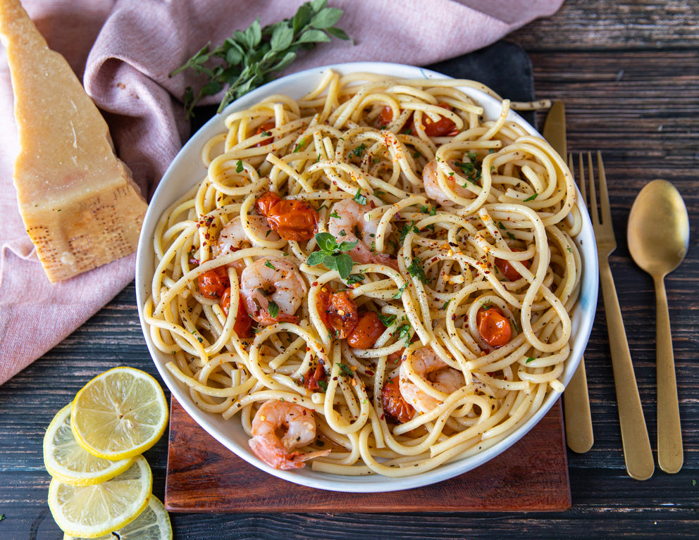 Sealand Quality Foods Shrimp Scampi with Tomatoes Lemon Butter Bucatini Noodles Meal Kit