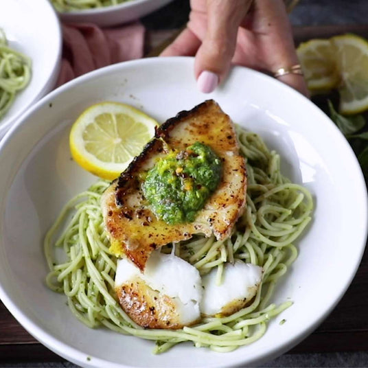 Seared Chilean Sea Bass with Pesto Pasta