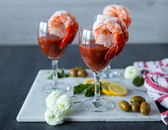 Extra Large Black Tiger Shrimp in a Classic Shrimp Cocktail using stemmed wine glasses