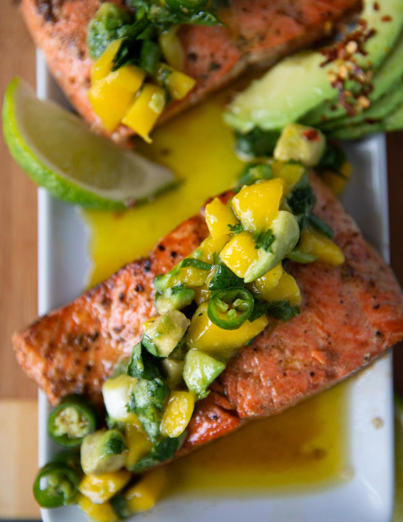 A Sockeye Salmon Fillet topped with a homemade mango-jalapeno salsa.