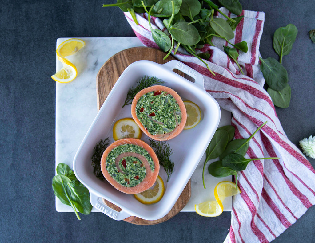 Sealand's Spinach Stuffed Salmon Pinwheels in a Baking Dish Ready to Cook from Frozen