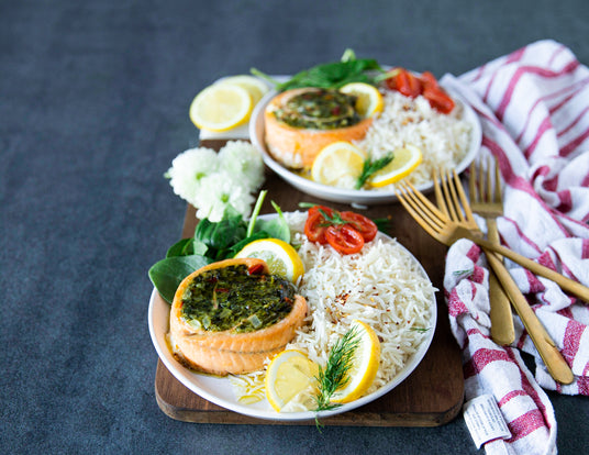 Two Sealand Spinach Stuffed Salmon Pinwheels with Beurre Blanc Sauce