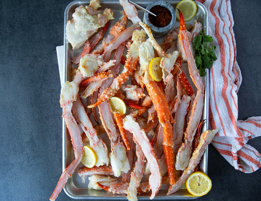 Platter of Sealand's Alaskan King Crab Legs Split and Ready to Heat