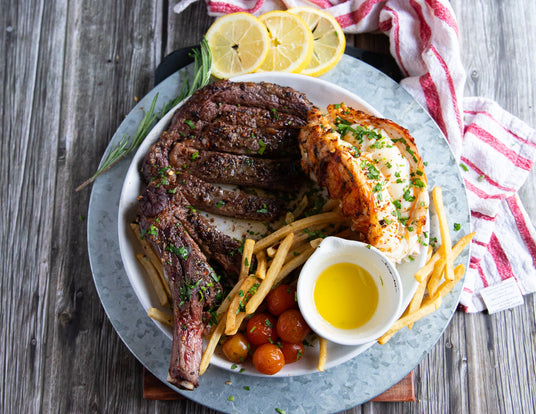 Top Down View of Sealand Quality Foods Surf and Turf Prime Rib Steak and Lobster Tail