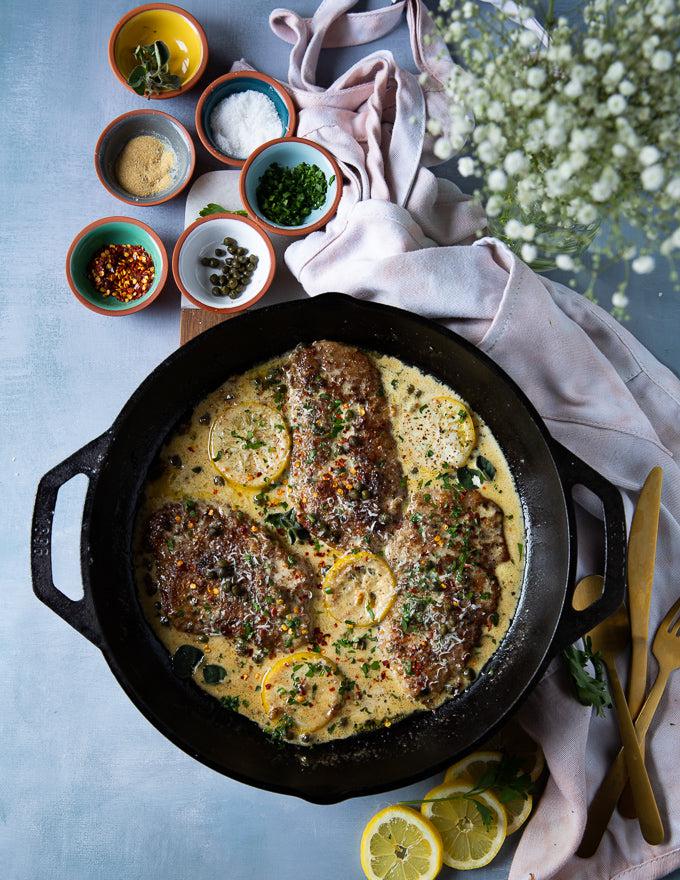 Sealand Veal Scallopini Piccata in a Cast Iron Pan
