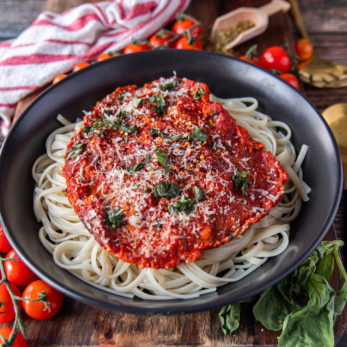 Breaded Veal Parmesan in Tomato Sauce